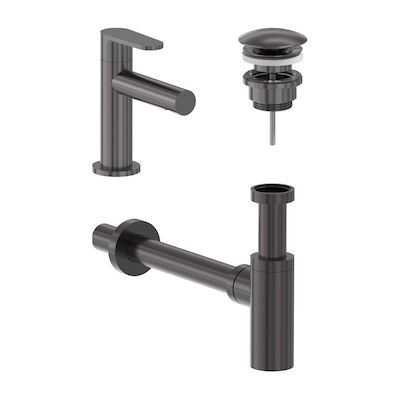 Fonteinkraan Combiset MAY Forma S Model Fonteinkraan, Designplug Always Open & Designsifon Geborsteld Carbon Black PVD