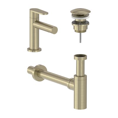 Fonteinkraan Combiset MAY Forma S Model Fonteinkraan, Designplug Always Open & Designsifon Geborsteld Mat Goud PVD