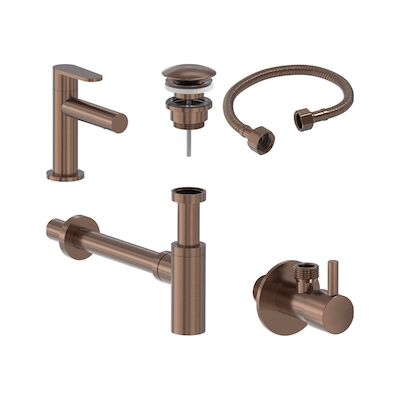 Fonteinkraan Combiset+ MAY Forma S Model Fonteinkraan, Designplug Always Open, Designsifon & Hoekstopkraan Geborsteld Mat Koper PVD