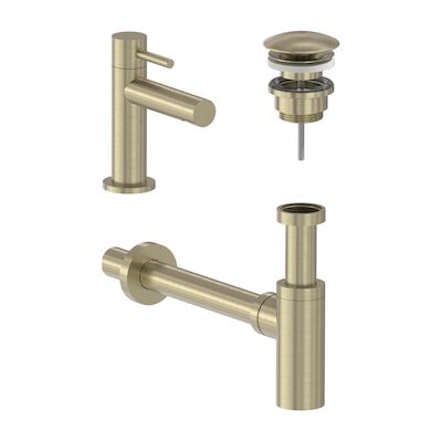 Fonteinkraan Combiset MAY Stilo S Model Fonteinkraan, Designplug Always Open & Designsifon Geborsteld Mat Goud PVD