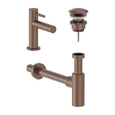 Fonteinkraan Combiset MAY Stilo S Model Fonteinkraan, Designplug Always Open & Designsifon Geborsteld Mat Koper PVD