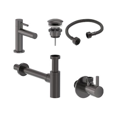 Fonteinkraan Combiset+ MAY Stilo S Model Fonteinkraan, Designplug Always Open, Designsifon & Hoekstopkraan Geborsteld Carbon Black PVD