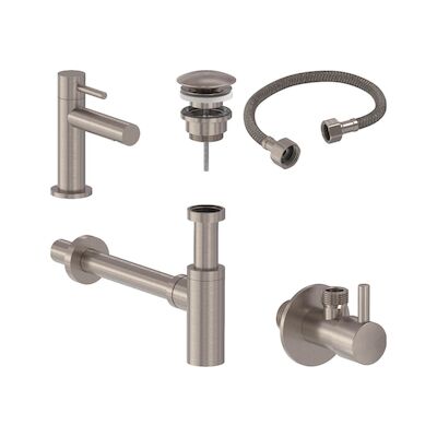 Fonteinkraan Combiset+ MAY Stilo S Model Fonteinkraan, Designplug Always Open, Designsifon & Hoekstopkraan Geborsteld Nickel PVD