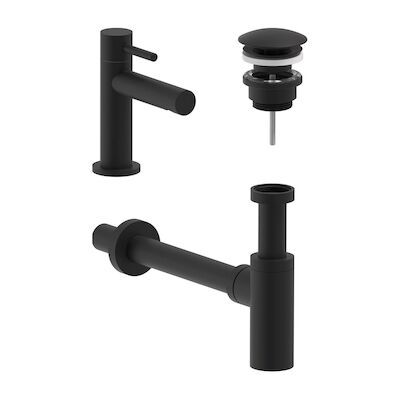 Fonteinkraan Combiset MAY Stilo S Model Fonteinkraan, Designplug Always Open & Designsifon Mat Zwart PED