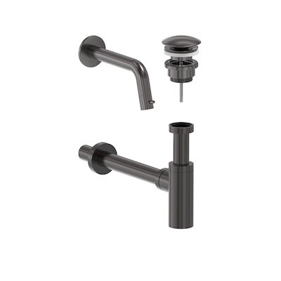 Fonteinkraan Combiset MAY Stilo Wandmodel Fonteinkraan, Designplug Always Open & Designsifon Geborsteld Carbon Black PVD