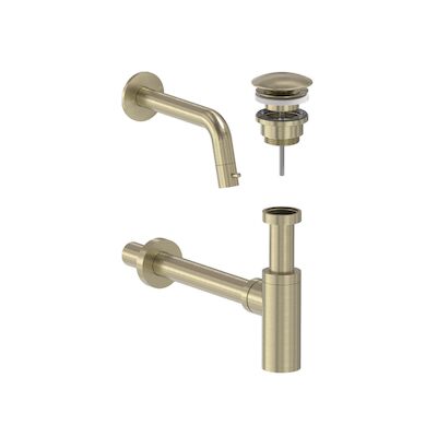 Fonteinkraan Combiset MAY Stilo Wandmodel Fonteinkraan, Designplug Always Open & Designsifon Geborsteld Mat Goud PVD