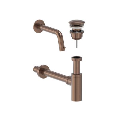 Fonteinkraan Combiset MAY Stilo Wandmodel Fonteinkraan, Designplug Always Open & Designsifon Geborsteld Mat Koper PVD