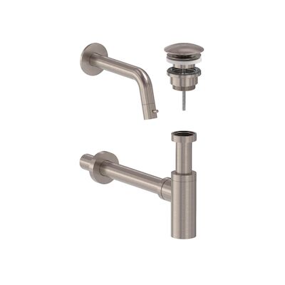 Fonteinkraan Combiset MAY Stilo Wandmodel Fonteinkraan, Designplug Always Open & Designsifon Geborsteld Nickel PVD