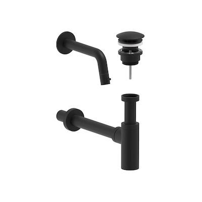Fonteinkraan Combiset MAY Stilo Wandmodel Fonteinkraan, Designplug Always Open & Designsifon Mat Zwart PED