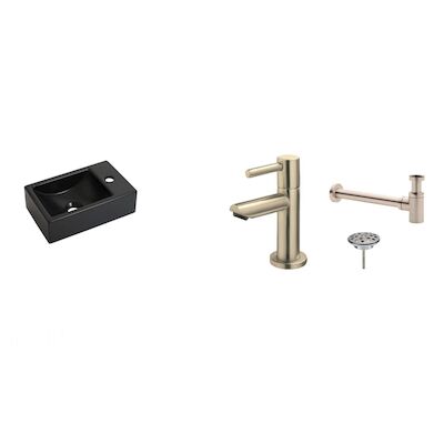 FonteinPack Houston Mat Zwart Keramiek Rechts 37×23 cm RVS (Keuze uit 8 kranen)