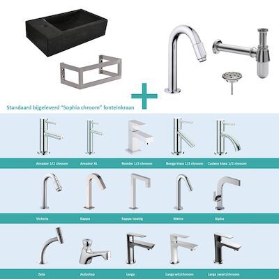 FonteinPack Recto Natuursteen Links Met MontageFrame 40x22x10 cm Chroom (Keuze uit 20 kranen)