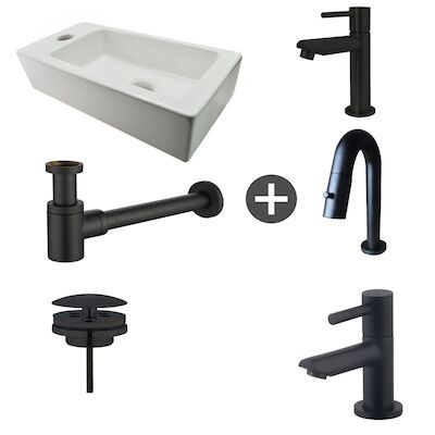 Fonteinpack Rhea Links Keramiek 36x18x9 cm Mat Zwart (Keuze uit 4 kranen)