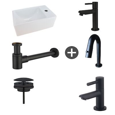 Fonteinpack Rhea XXS Rechts Keramiek 30.5x18x11 cm Mat Zwart (Keuze uit 4 kranen)