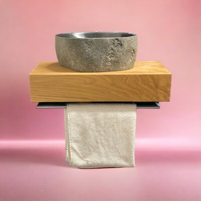 Fonteinplank Casajoy Bold 50x25x10 cm Eiken Met Waskom 30 cm Rond Riviersteen