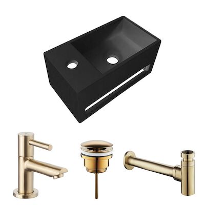 Fonteinset BWS Solid Surface Met Handdoekhouder Links Zwart Goud