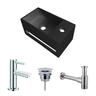 Fonteinset BWS Solid Surface Met Handdoekhouder Rechts Zwart Chroom