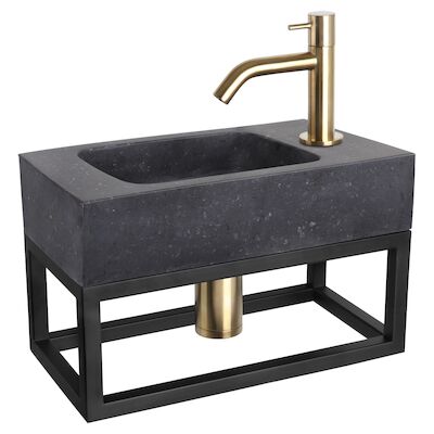 Fonteinset Differnz Bombai Natuursteen en Handoekrek 40x22x9 cm Zwart Met Gebogen Kraan Mat Goud