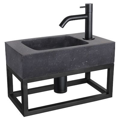 Fonteinset Differnz Bombai Natuursteen en Handoekrek 40x22x9 cm Zwart Met Gebogen Kraan Mat Zwart
