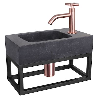 Fonteinset Differnz Bombai Natuursteen en Handoekrek 40x22x9 cm Zwart Met Gebogen Kruis Kraan Rood Koper