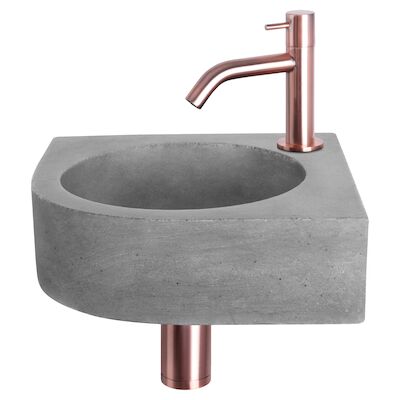 Fonteinset Differnz Cleo 31.5×31.5×10 cm Beton Donker Grijs Met Kraan Gebogen Rood Koper