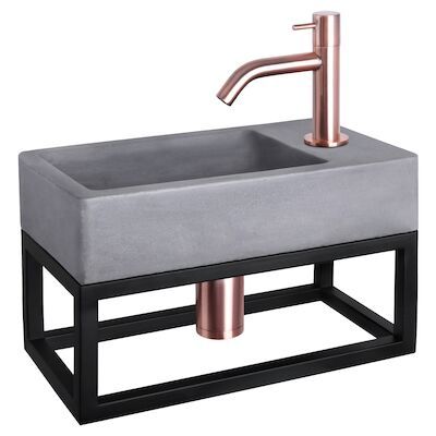 Fonteinset Differnz Force Beton en Handoekrek 40x22x9 cm Donker Grijs Met Gebogen Kraan Rood Koper