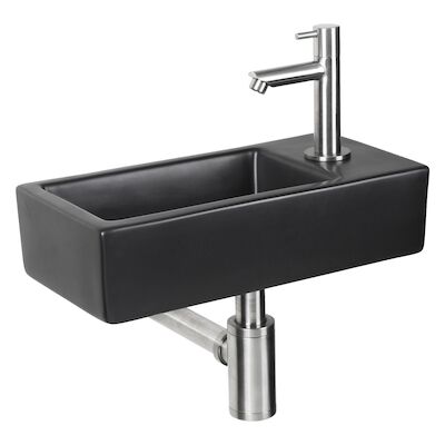 Fonteinset Differnz Hator 37.5×18.5×9 cm Keramiek Mat Zwart Met Recht Kraan Chroom