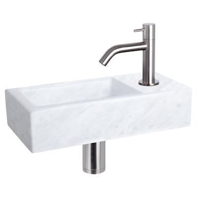 Fonteinset Differnz Helios 37.5×18.5×9.5 cm Marmer Wit Met Gebogen Kraan Mat Chroom