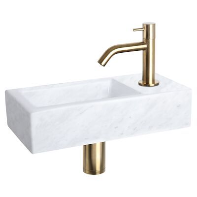 Fonteinset Differnz Helios 37.5×18.5×9.5 cm Marmer Wit Met Gebogen Kraan Mat Goud