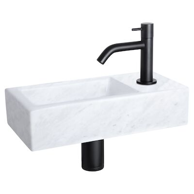 Fonteinset Differnz Helios 37.5×18.5×9.5 cm Marmer Wit Met Gebogen Kraan Mat Zwart