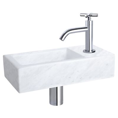 Fonteinset Differnz Helios 37.5×18.5×9.5 cm Marmer Wit Met Gebogen Kruis Kraan Chroom