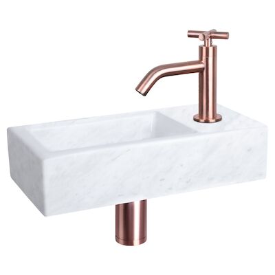 Fonteinset Differnz Helios 37.5×18.5×9.5 cm Marmer Wit Met Gebogen Kruis Kraan Rood Koper