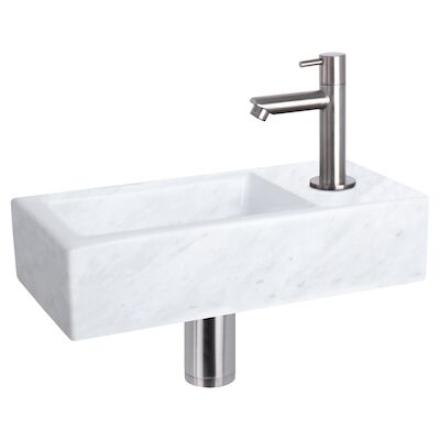 Fonteinset Differnz Helios 37.5×18.5×9.5 cm Marmer Wit Met Rechte Kraan Mat Chroom