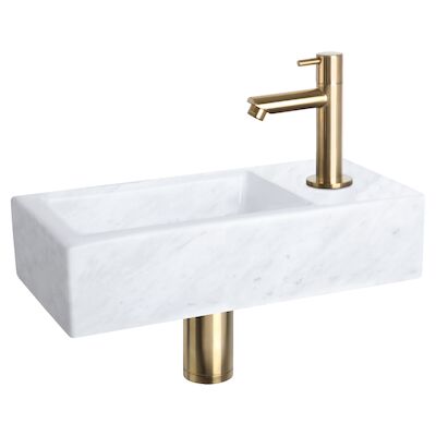 Fonteinset Differnz Helios 37.5×18.5×9.5 cm Marmer Wit Met Rechte Kraan Mat Goud