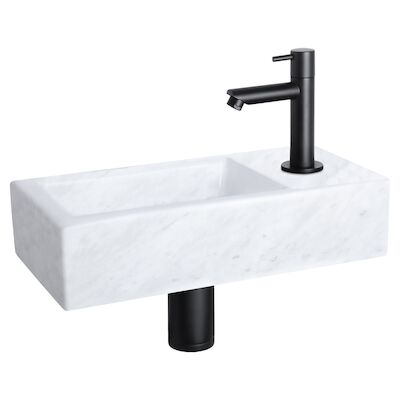 Fonteinset Differnz Helios 37.5×18.5×9.5 cm Marmer Wit Met Rechte Kraan Mat Zwart