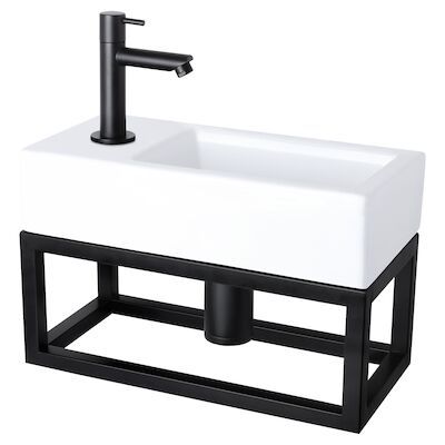 Fonteinset Differnz Helios Met Handoekrek 37.5×18.5×9.5 cm Marmer Wit Met Rechte Kraan Links Mat Zwart