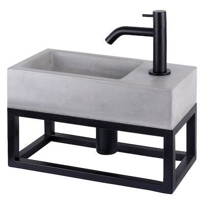 Fonteinset Differnz Jukon Rechts 38.5×18.5×18 cm Met Handdoekrek Beton Donker Grijs (inclusief mat zwarte kraan sifon en afvoer)