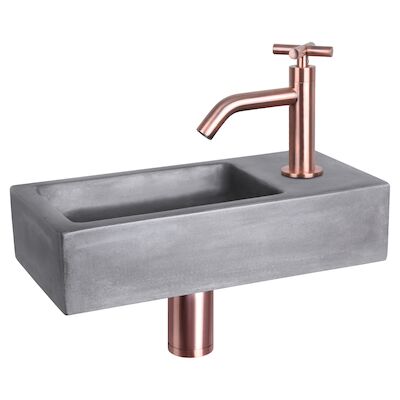 Fonteinset Differnz Ravo Beton 38.5×18.5×9 cm Donker Grijs Met Gebogen Kruis Kraan Rood Koper