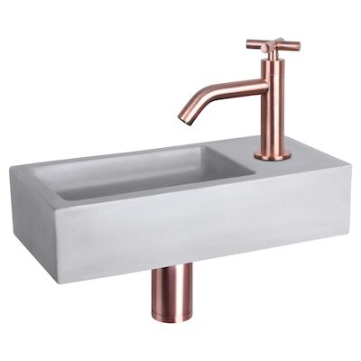 Fonteinset Differnz Ravo Beton 38.5×18.5×9 cm Licht Grijs Met Gebogen Kruis Kraan Rood Koper