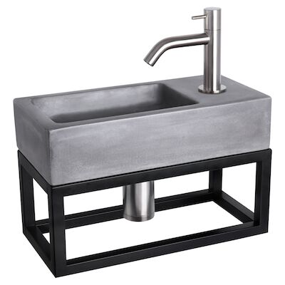 Fonteinset Differnz Ravo Beton en Handoekrek 38.5×18.5×9 cm Donker Grijs Met Gebogen Kraan Mat Chroom