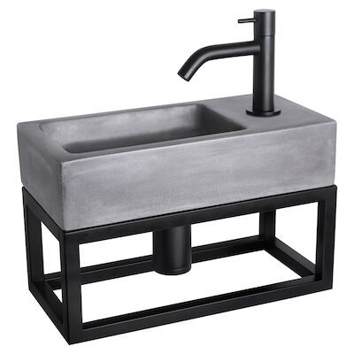 Fonteinset Differnz Ravo Beton en Handoekrek 38.5×18.5×9 cm Donker Grijs Met Gebogen Kraan Mat Zwart