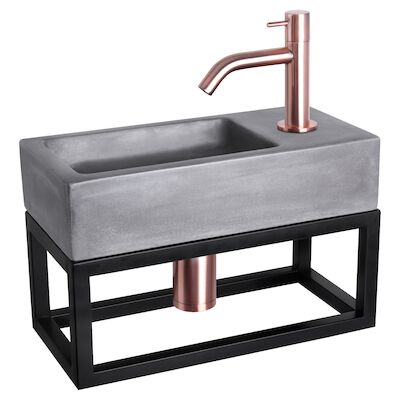 Fonteinset Differnz Ravo Beton en Handoekrek 38.5×18.5×9 cm Donker Grijs Met Gebogen Kraan Rood Koper