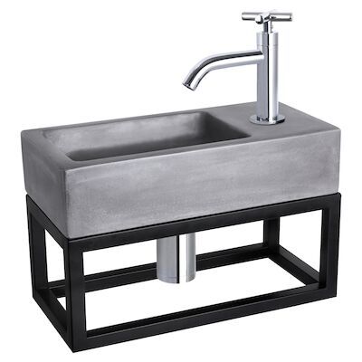 Fonteinset Differnz Ravo Beton en Handoekrek 38.5×18.5×9 cm Donker Grijs Met Gebogen Kruis Kraan Chroom