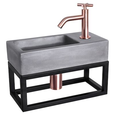 Fonteinset Differnz Ravo Beton en Handoekrek 38.5×18.5×9 cm Donker Grijs Met Gebogen Kruis Kraan Rood Koper