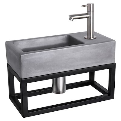 Fonteinset Differnz Ravo Beton en Handoekrek 38.5×18.5×9 cm Donker Grijs Met Rechte Kraan Mat Chroom