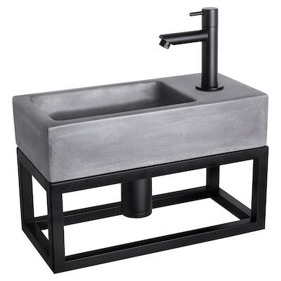 Fonteinset Differnz Ravo Beton en Handoekrek 38.5×18.5×9 cm Donker Grijs Met Rechte Kraan Mat Zwart