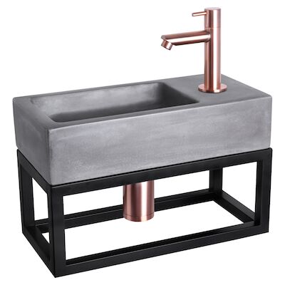 Fonteinset Differnz Ravo Beton en Handoekrek 38.5×18.5×9 cm Donker Grijs Met Rechte Kraan Rood Koper