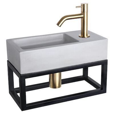 Fonteinset Differnz Ravo Beton en Handoekrek 38.5×18.5×9 cm Licht Grijs Met Gebogen Kraan Mat Goud