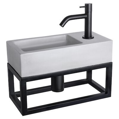 Fonteinset Differnz Ravo Beton en Handoekrek 38.5×18.5×9 cm Licht Grijs Met Gebogen Kraan Mat Zwart