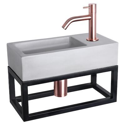 Fonteinset Differnz Ravo Beton en Handoekrek 38.5×18.5×9 cm Licht Grijs Met Gebogen Kraan Rood Koper