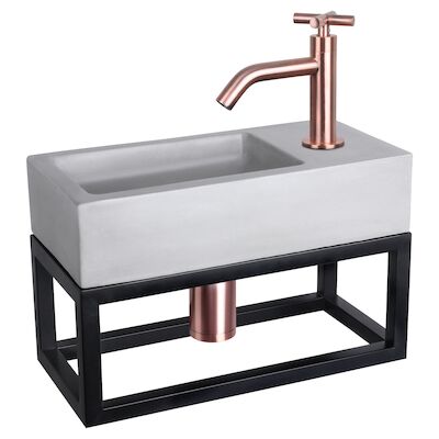 Fonteinset Differnz Ravo Beton en Handoekrek 38.5×18.5×9 cm Licht Grijs Met Gebogen Kruis Kraan Rood Koper